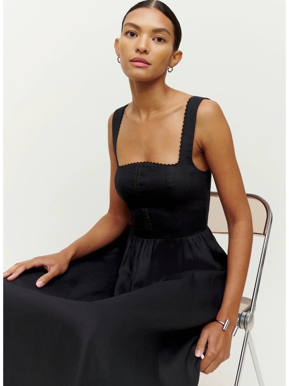 Reformation Tagliatelle Black Linen Midi Dress